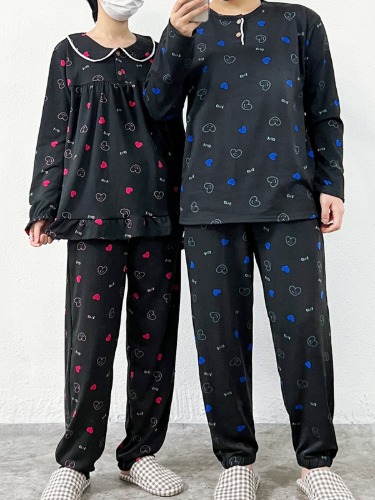 Bonbon 커플 홈웨어 세트 하트 파자마 양면기모 마약잠옷